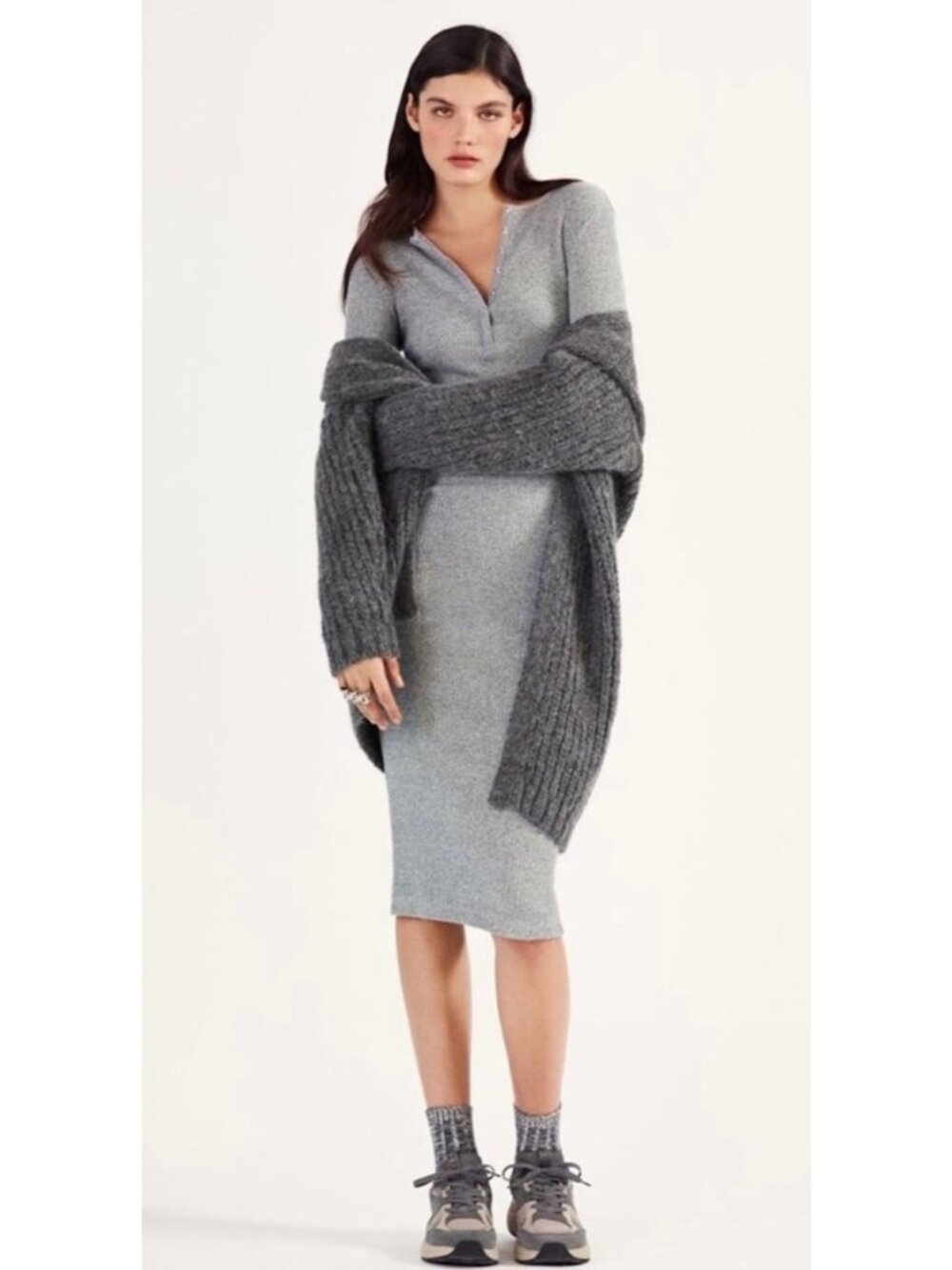 Zara Henley Gray Ribbed Polo Neck Soft Midi Dress